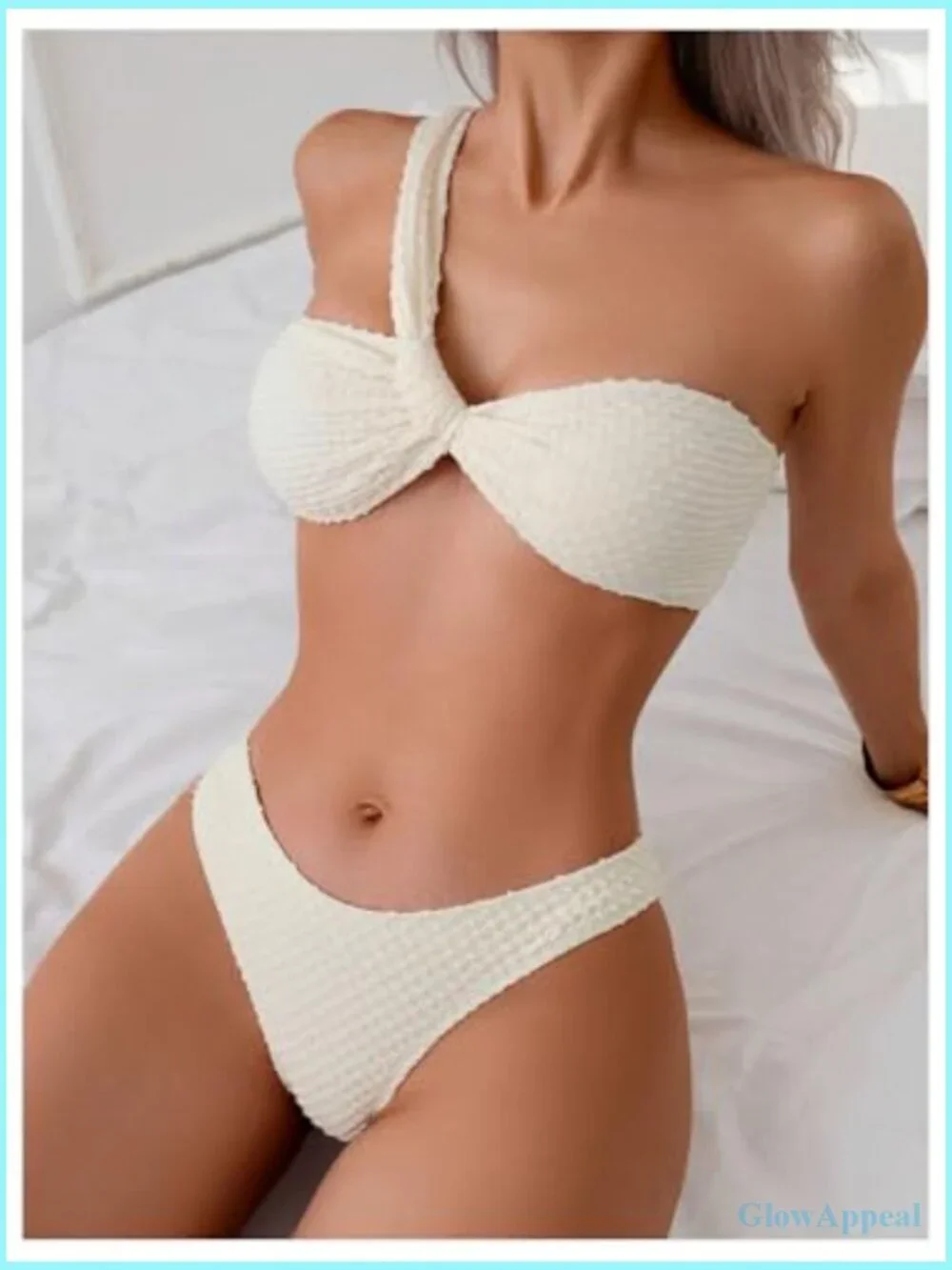 3 Piece One Shoulder Textured High Cut Bikini Set with Tie Side Cover Ups